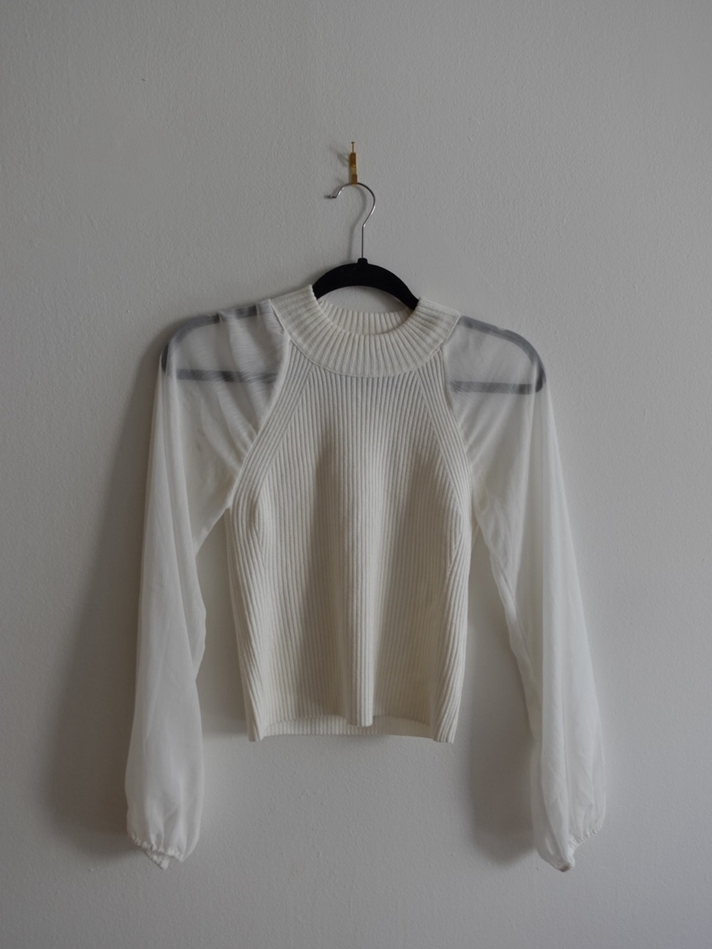 French Connection Cream Ribbed Knit Top with Sheer Long Sleeves